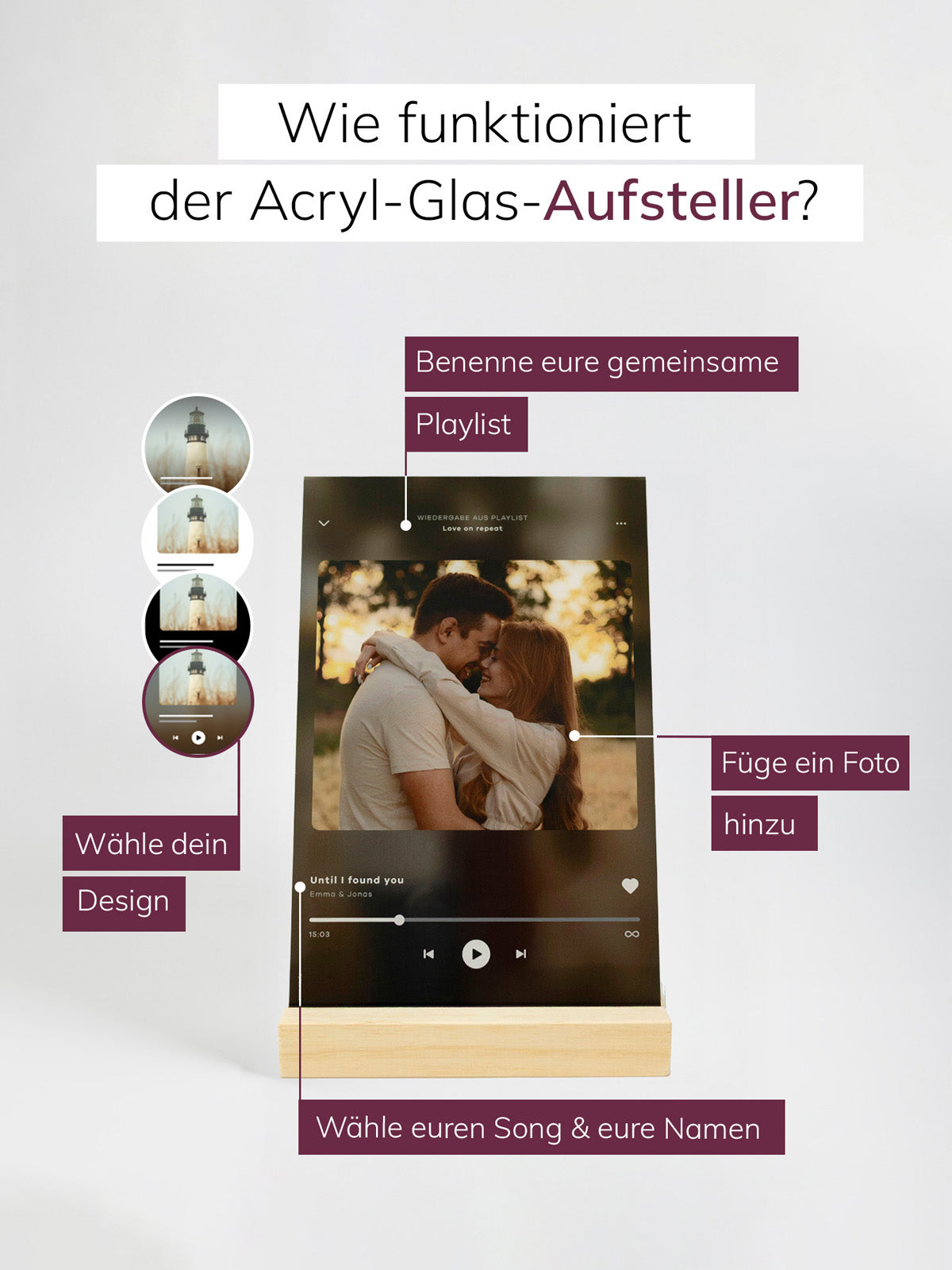 Personalisierter Acryl-Glas-Aufsteller mit Foto, Songtitel, Playlist-Namen und Design im Musik-Player-Stil auf Holzsockel – ideales Geschenk für Paare