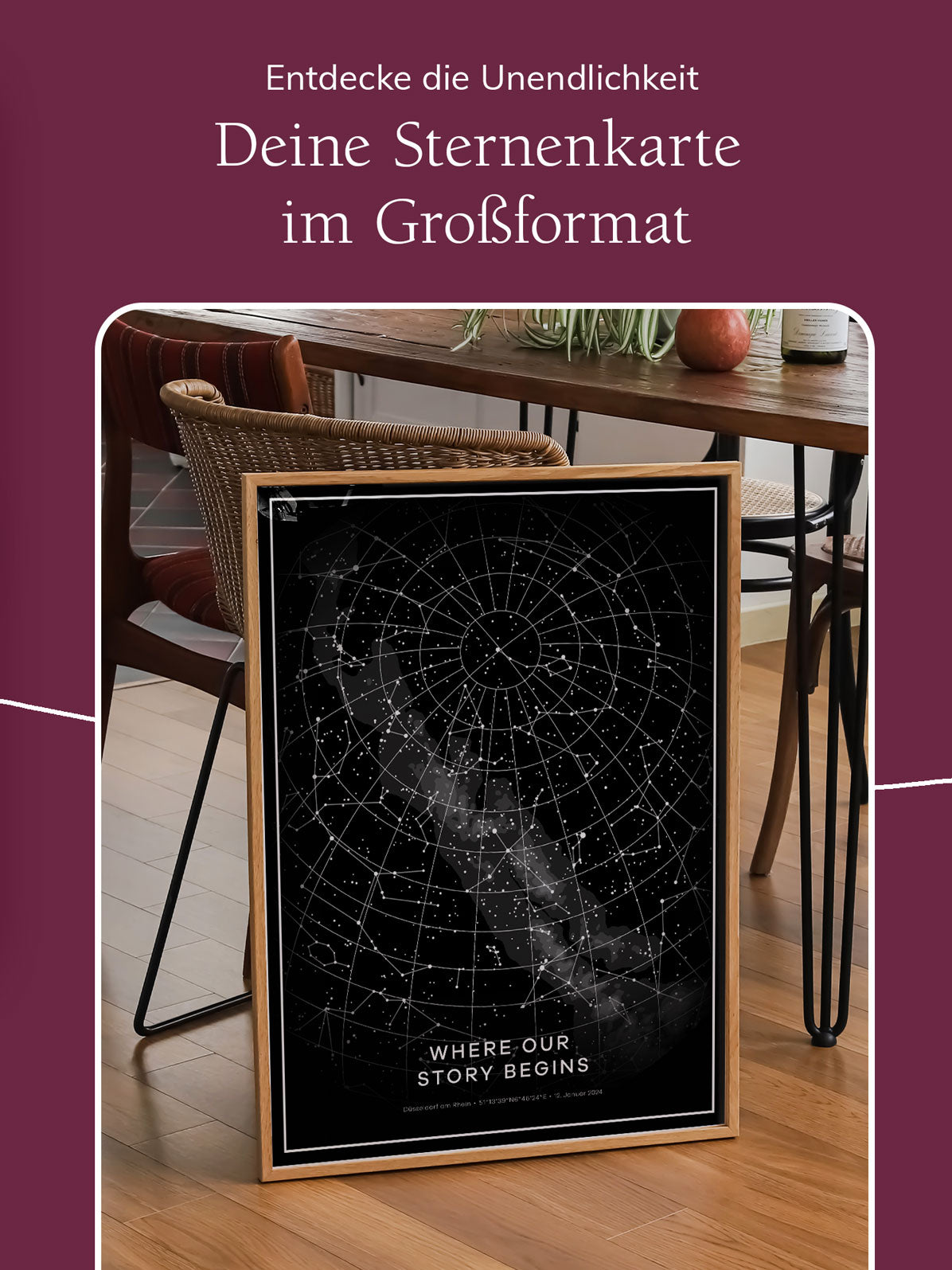 Personalisierte Sternenkarte im Großformat – detailgetreue Darstellung des Nachthimmels mit Milchstraße und Sternbildern, gedruckt als hochwertiges Poster in eindrucksvoller Größe.
