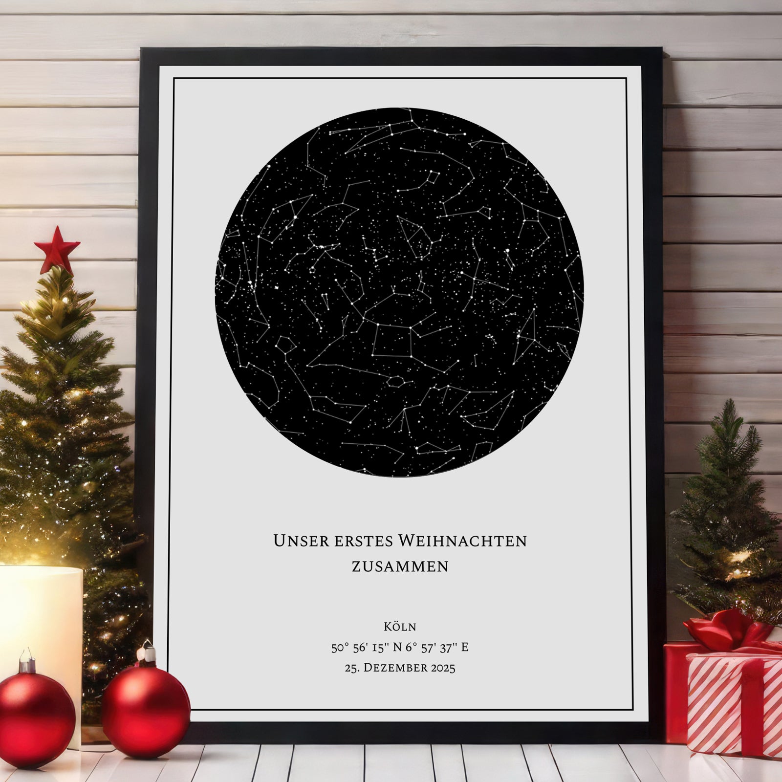 Personalisierte Sternenkarte zu Weihnachten – individuelles Sternkarten-Poster mit Datum und Namen als besondere und emotionale Geschenkidee zur Weihnachtszeit