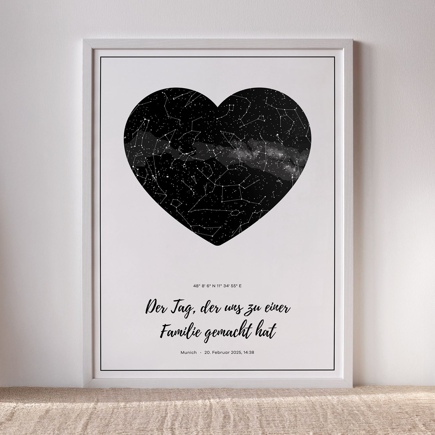 Personalisiertes First Star Map Poster zum Vatertag – Sternenhimmel zur Geburt des Kindes mit Widmung, individuelles Geschenk für Papa in Schwarz-Weiß Design