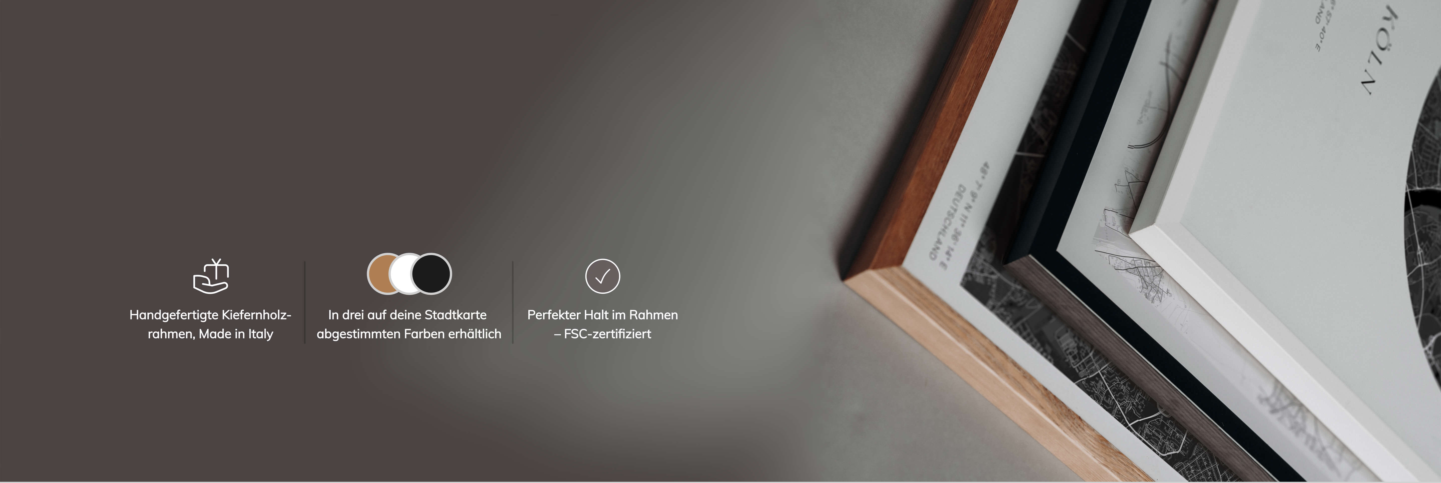 Premium Bilderrahmen für personalisierte Stadtkarte – hochwertige Kiefernholzrahmen in drei Farben für dein individuelles Wandposter