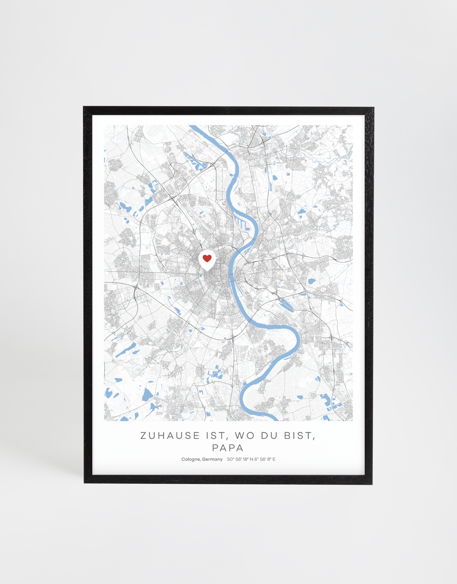 Personalisierte Stadtkarte mit Herz-Icon – zeigt den Ort „Zuhause ist, wo du bist, Papa“