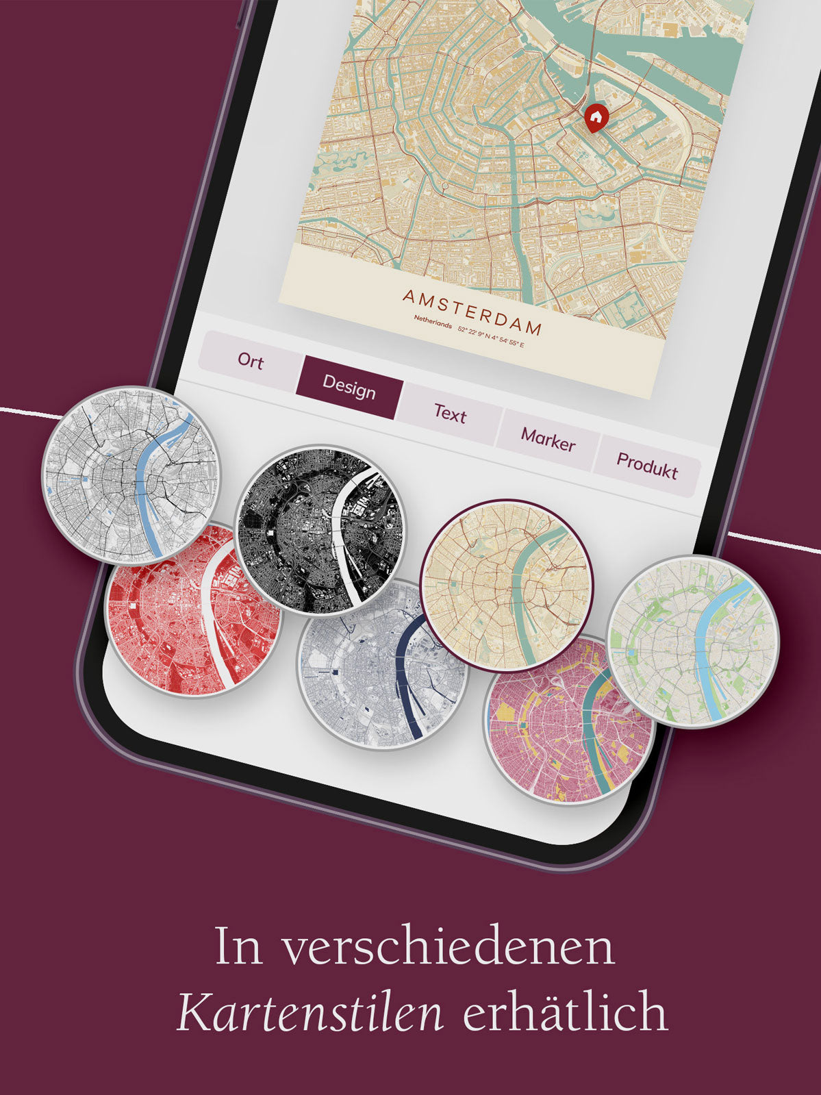 Personalisierte Stadtkarte in verschiedenen Kartenstilen gestalten – wähle aus vielfältigen Designs deinen Favoriten für dein individuelles Poster