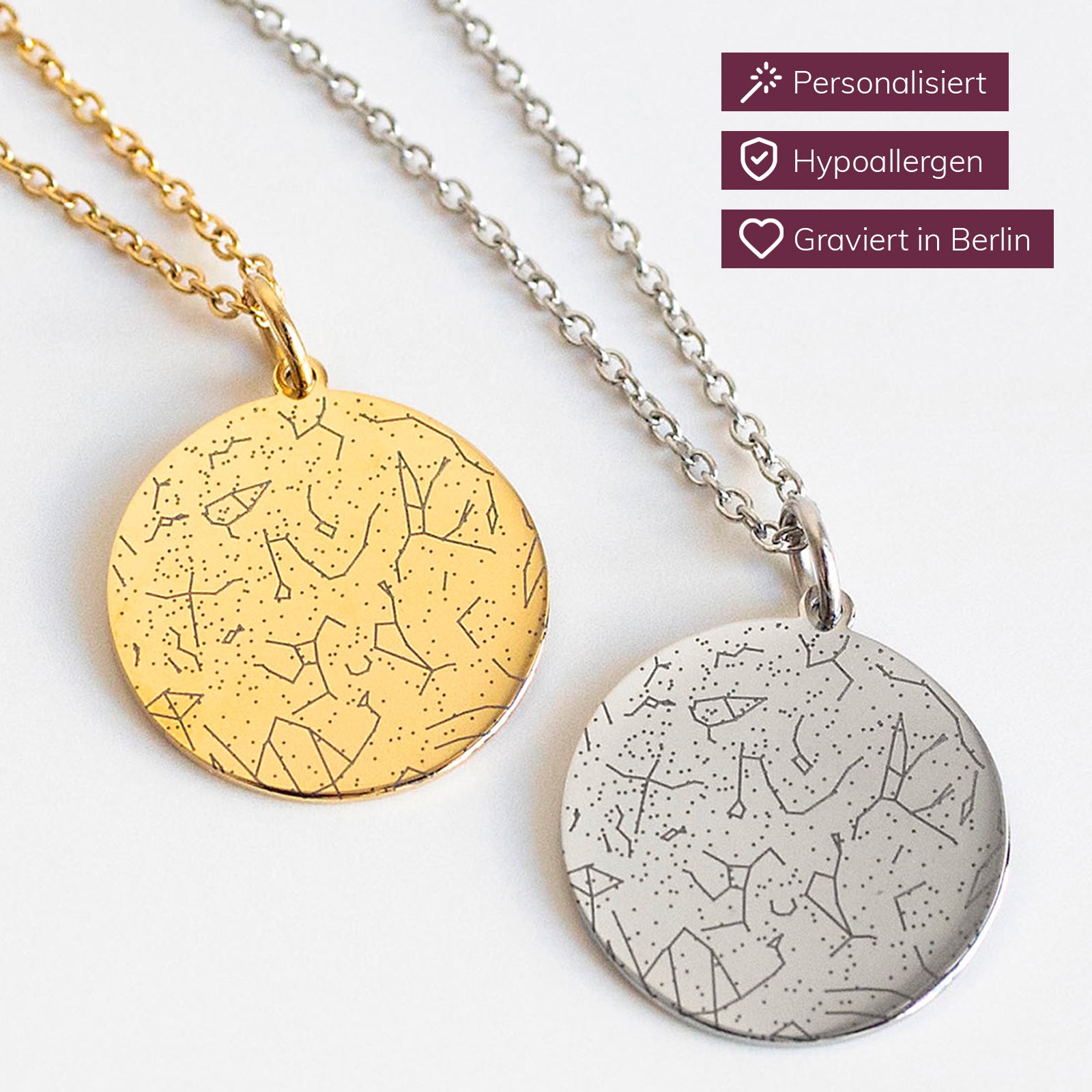 Personalisierter Sternkarten-Anhänger mit Kette – Schmuckstück aus Edelstahl in Silber mit graviertem Sternenhimmel, ideales individuelles Geschenk für besondere Anlässe
