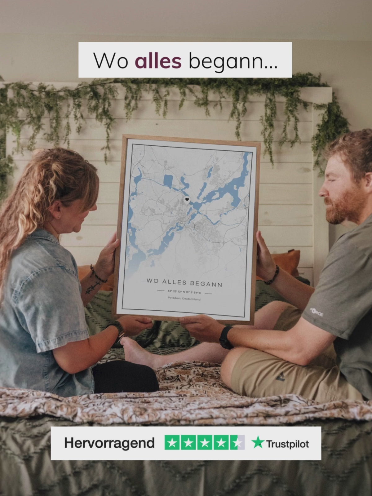 Personalisierte Stadtkarte mit Wunschort und der Widmung „Wo alles begann“ – als hochwertiger Print im Holzrahmen, perfekt als Geschenk zum Jahrestag oder als Erinnerung an den Kennenlernort.